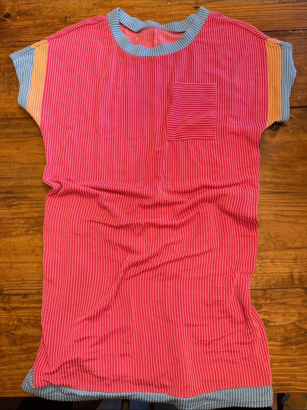Women’s Pink ribbed Short-Sleeve dress with Color-Block Trim